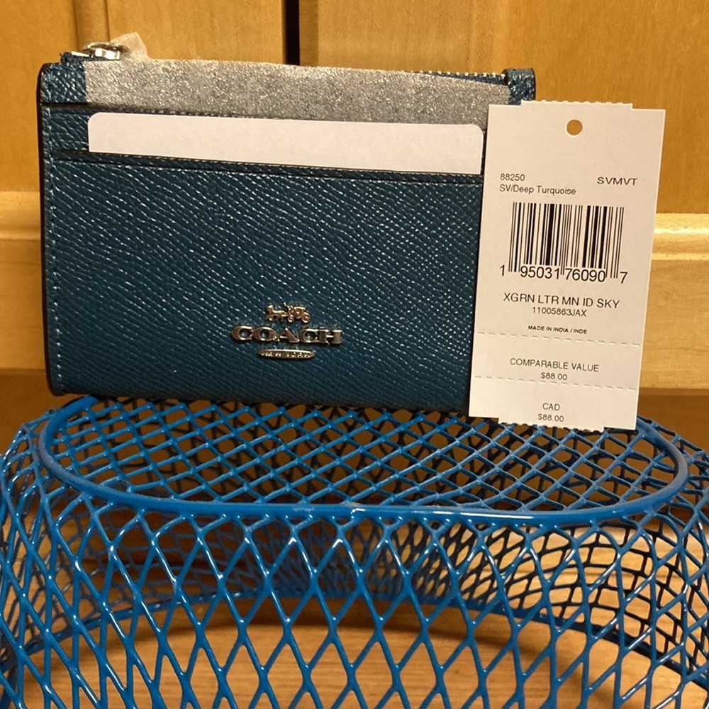 Coach mini skinny Id case. Silver/Deep turquoise. New/tags